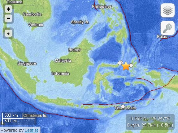 印尼海域發(fā)生5.8級地震震源深度29.7公里（圖）