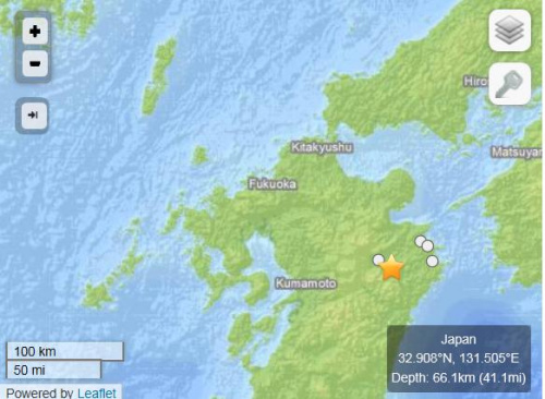 日本九州地區(qū)發(fā)生4.8級地震震源深度66公里