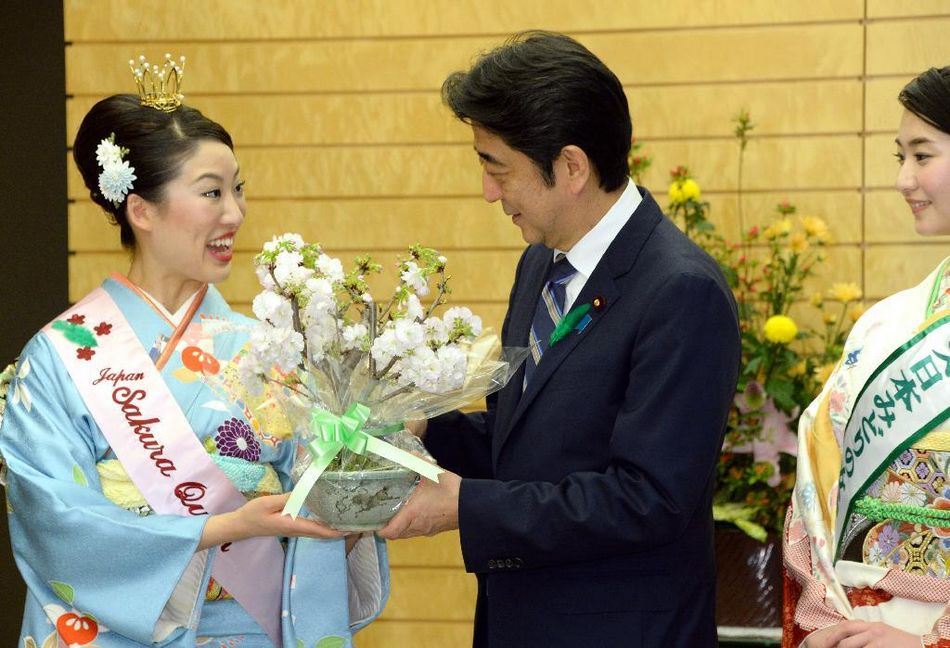 安倍接見日本櫻花女王、綠色女神